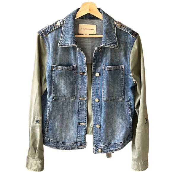 Pilcro Anthropologie Mixed Media Denim Jacket Blue/ Army Green Small - Picture 1 of 11